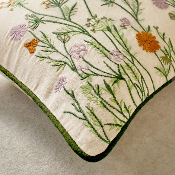 Coussin rectangulaire coton lin broderie fleurie (vert / parme) Coussin rectangulaire coton lin broderie fleurie (vert / parme)